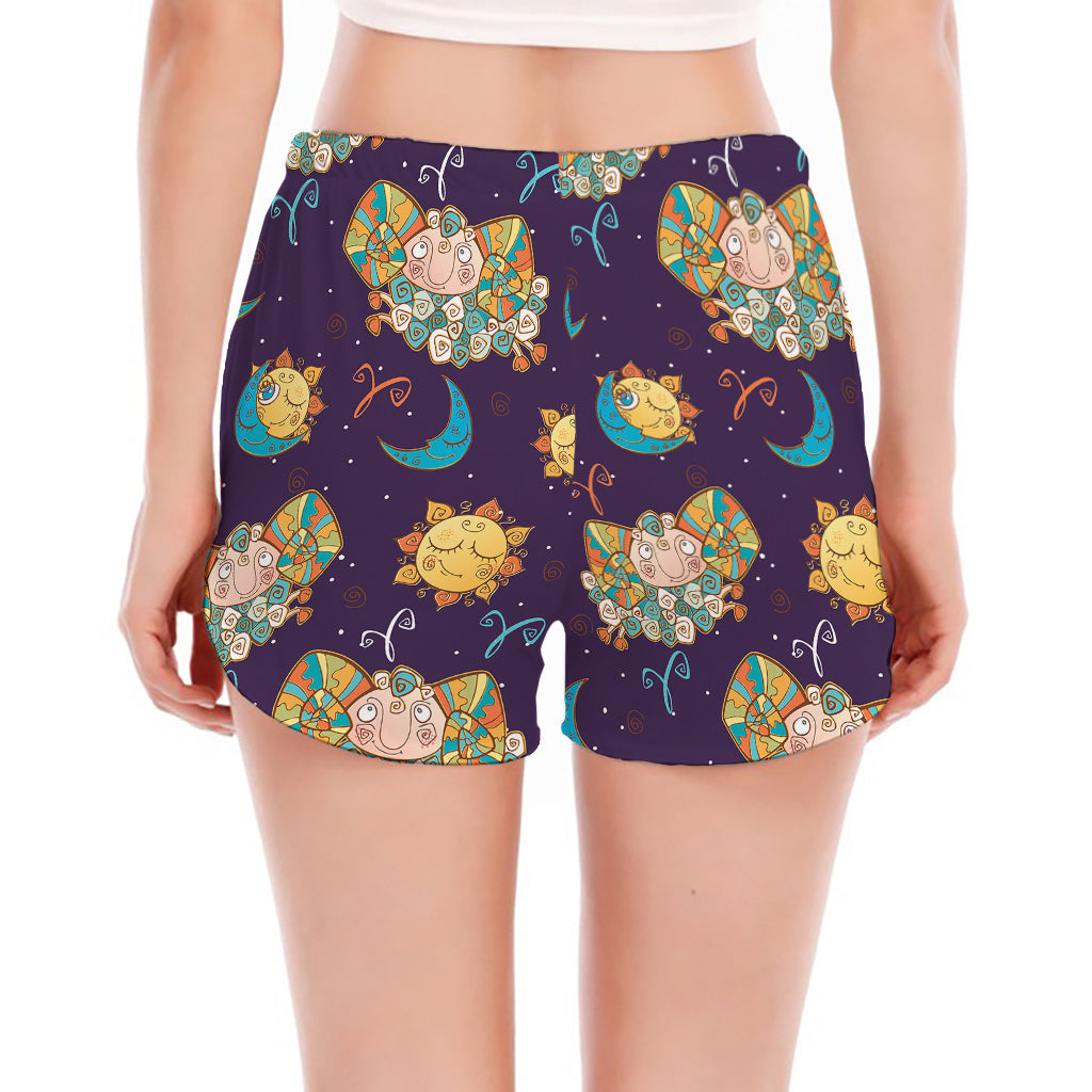 Cute Cartoon Aries Pattern Print Women's Split Running Shorts