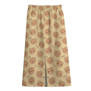 Cute Cartoon Baby Bear Pattern Print Cotton Front Slit Maxi Skirt