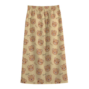 Cute Cartoon Baby Bear Pattern Print Cotton Front Slit Maxi Skirt