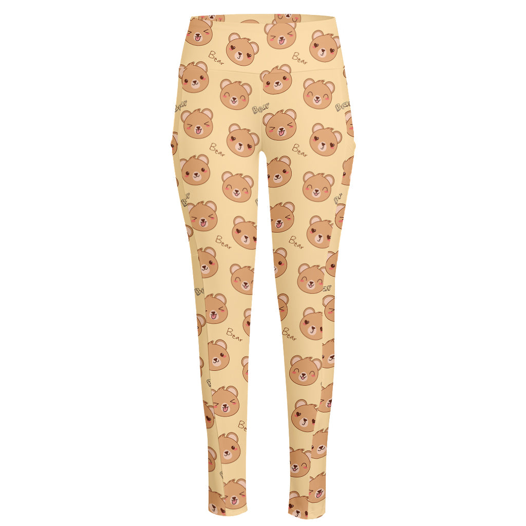 Cute Cartoon Baby Bear Pattern Print High-Waisted Pocket Leggings