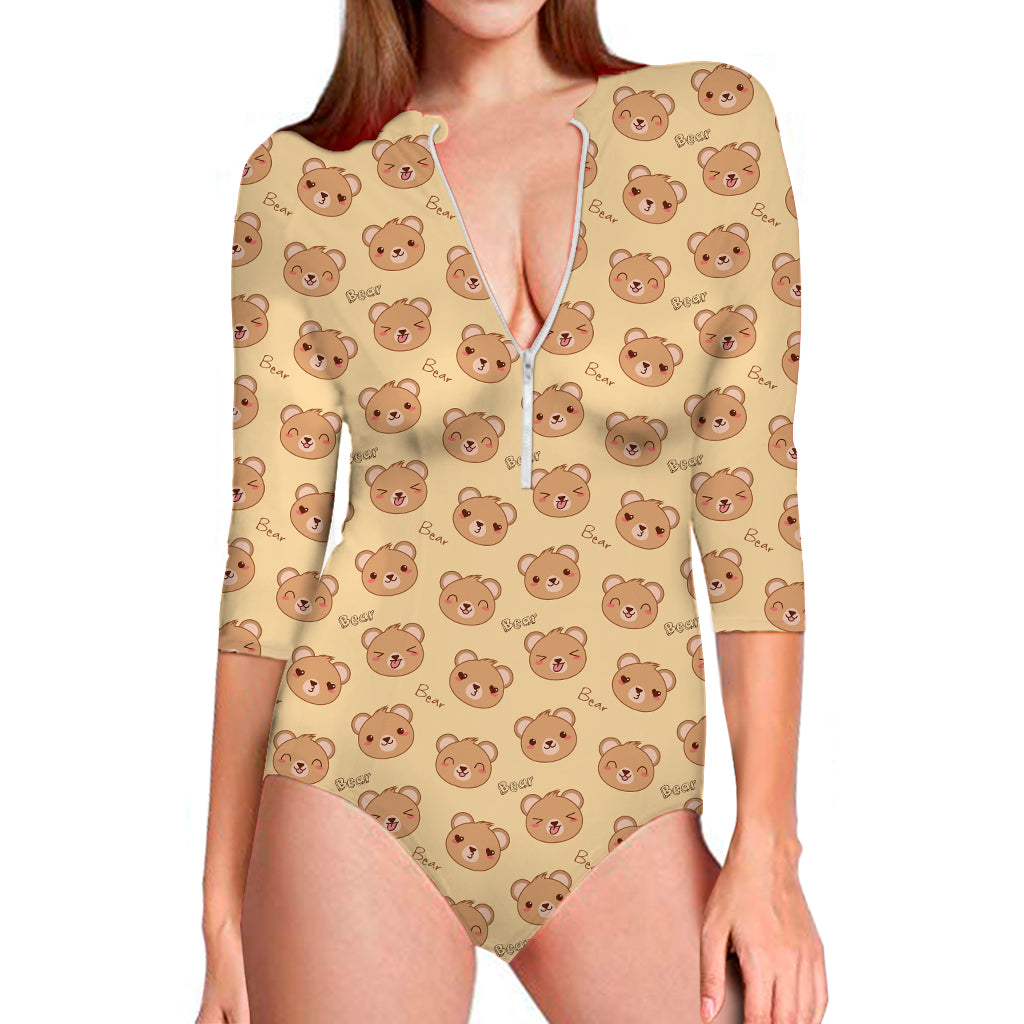 Cute Cartoon Baby Bear Pattern Print Long Sleeve Swimsuit