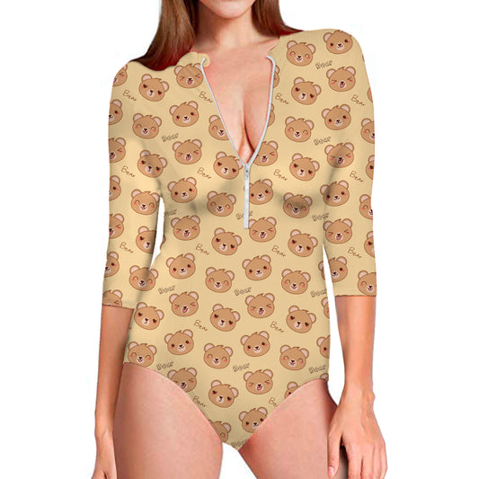 Cute Cartoon Baby Bear Pattern Print Long Sleeve Swimsuit