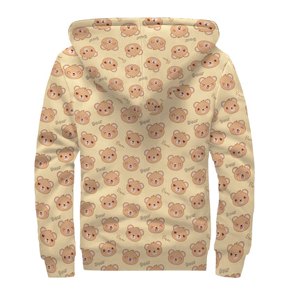 Cute Cartoon Baby Bear Pattern Print Sherpa Lined Zip Up Hoodie