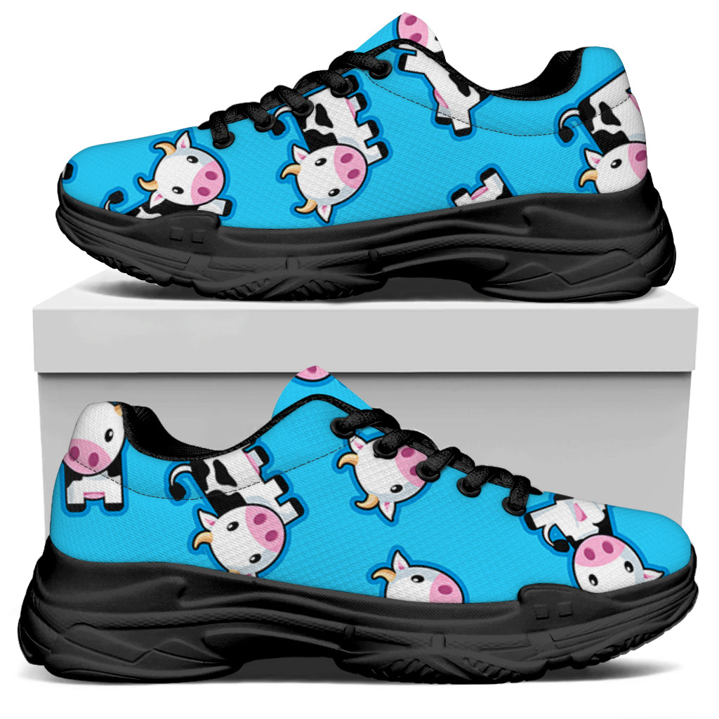 Cute Cartoon Baby Cow Pattern Print Black Chunky Shoes