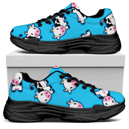 Cute Cartoon Baby Cow Pattern Print Black Chunky Shoes