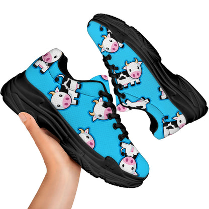 Cute Cartoon Baby Cow Pattern Print Black Chunky Shoes