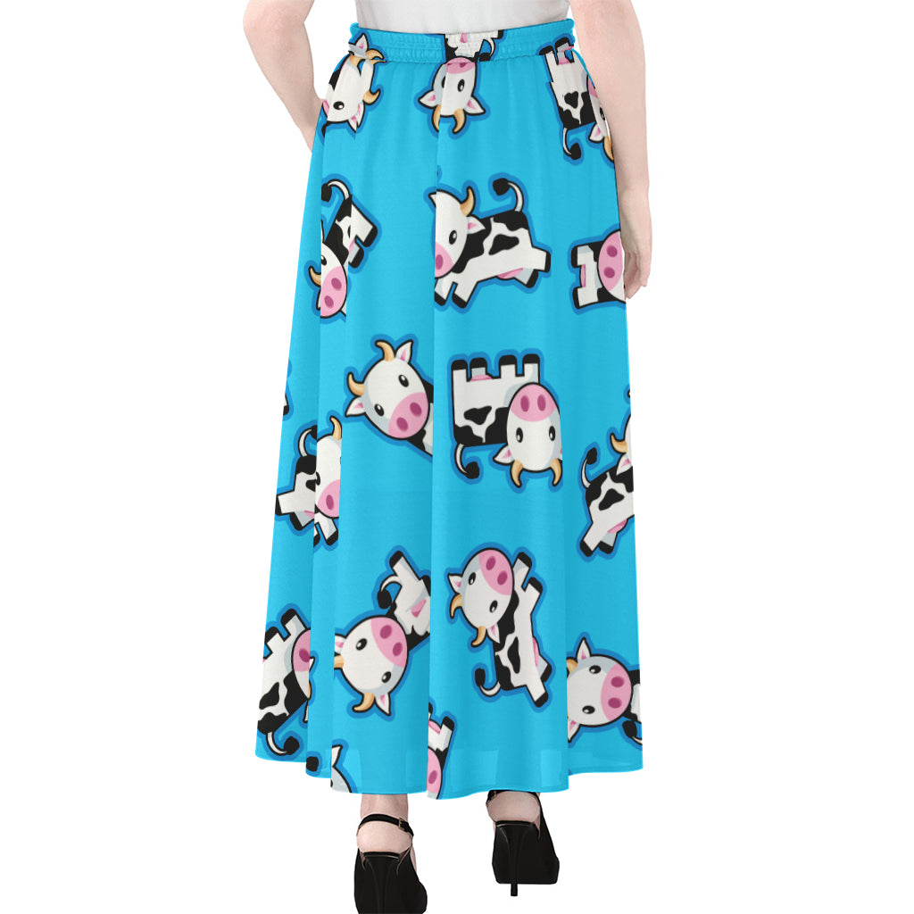 Cute Cartoon Baby Cow Pattern Print Chiffon Maxi Skirt