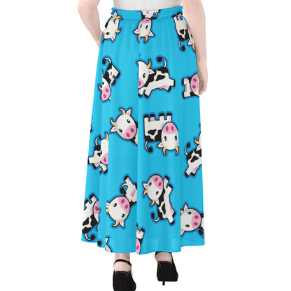 Cute Cartoon Baby Cow Pattern Print Chiffon Maxi Skirt