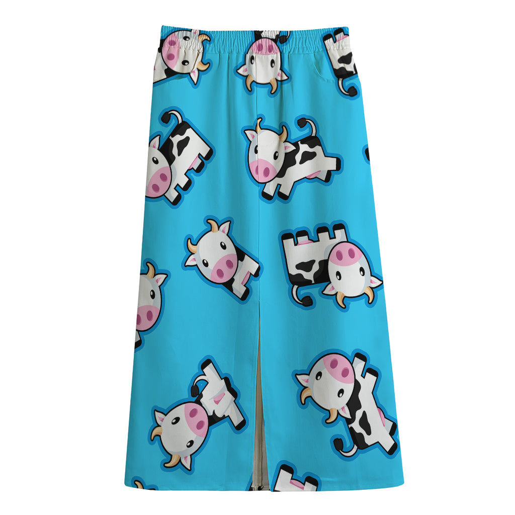 Cute Cartoon Baby Cow Pattern Print Cotton Front Slit Maxi Skirt