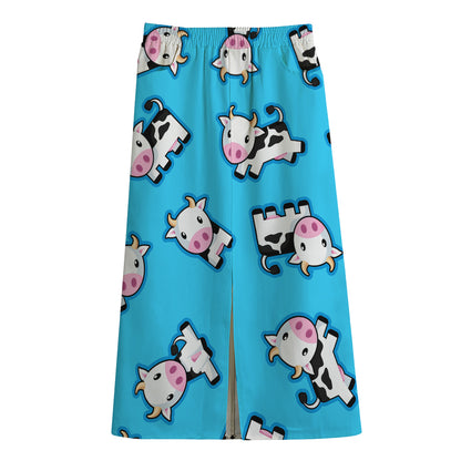 Cute Cartoon Baby Cow Pattern Print Cotton Front Slit Maxi Skirt