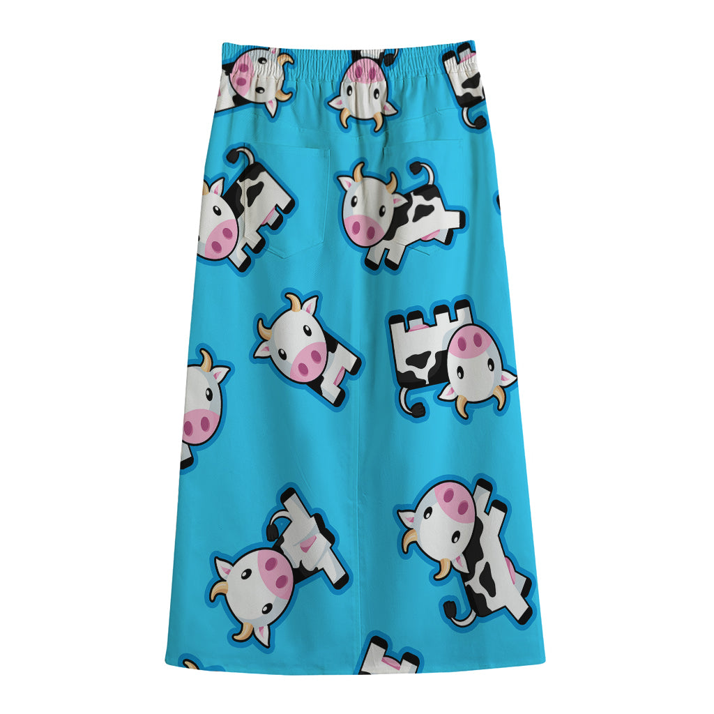 Cute Cartoon Baby Cow Pattern Print Cotton Front Slit Maxi Skirt