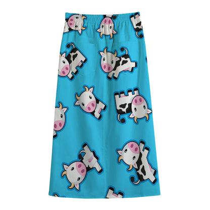 Cute Cartoon Baby Cow Pattern Print Cotton Front Slit Maxi Skirt