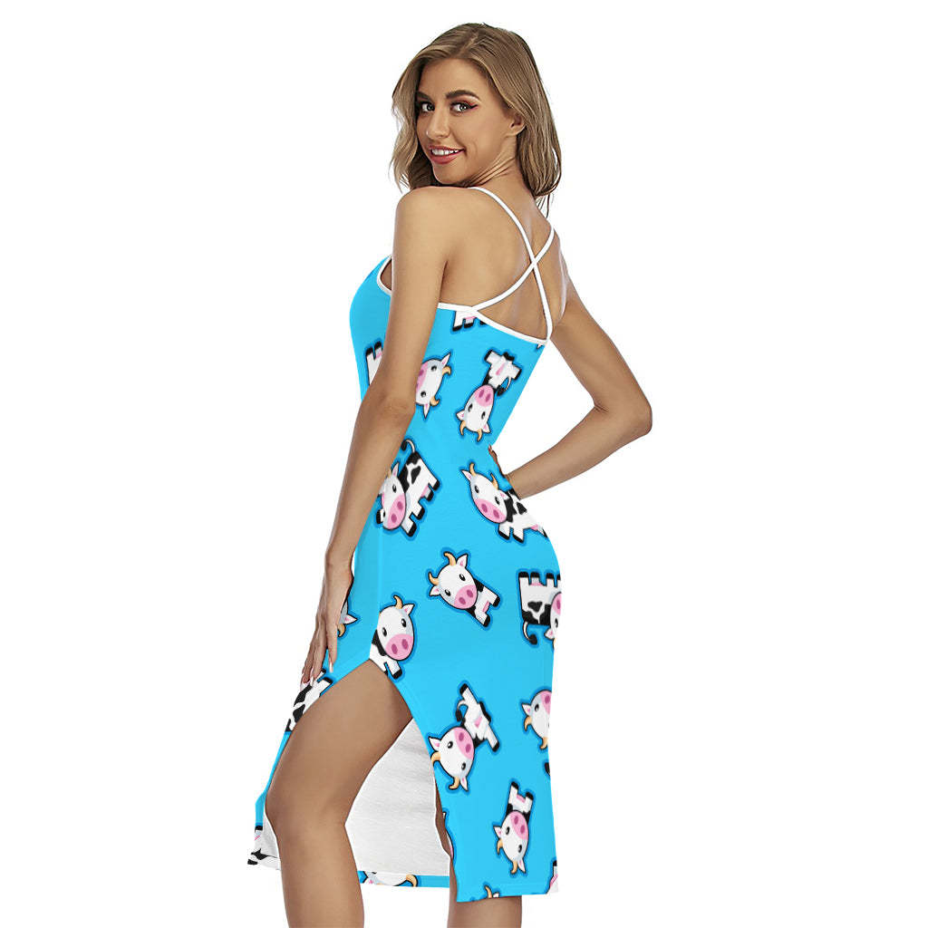 Cute Cartoon Baby Cow Pattern Print Cross Back Cami Dress