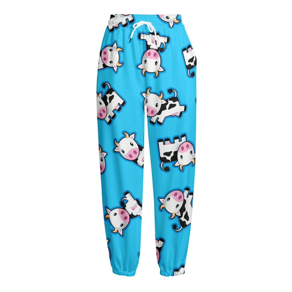 Cute Cartoon Baby Cow Pattern Print Fleece Lined Knit Pants