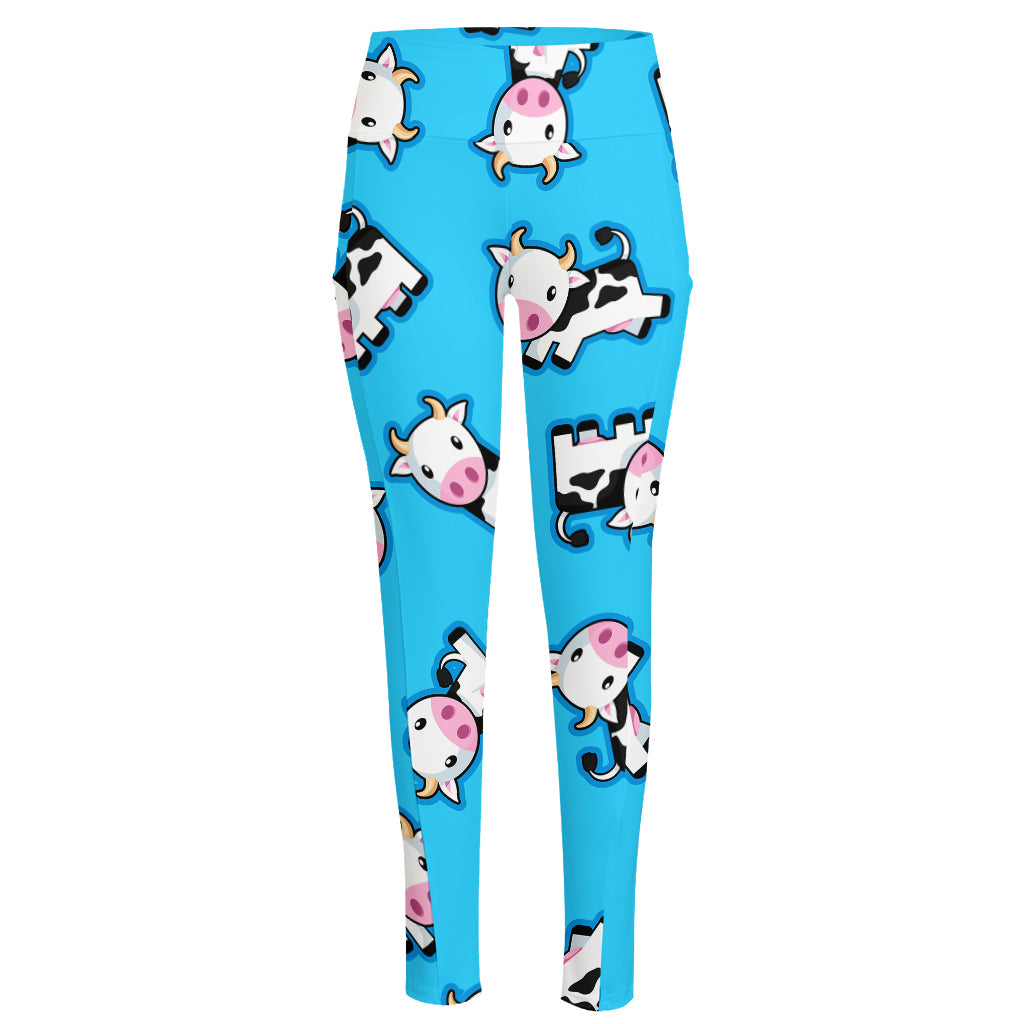 Cute Cartoon Baby Cow Pattern Print High-Waisted Pocket Leggings