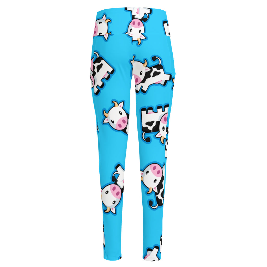 Cute Cartoon Baby Cow Pattern Print High-Waisted Pocket Leggings