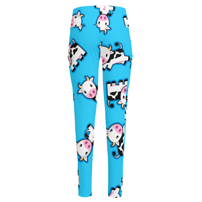 Cute Cartoon Baby Cow Pattern Print High-Waisted Pocket Leggings