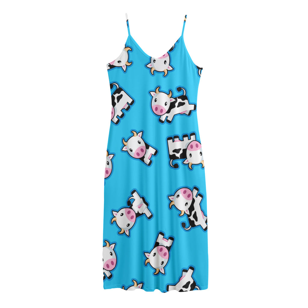 Cute Cartoon Baby Cow Pattern Print Jersey Midi Cami Dress