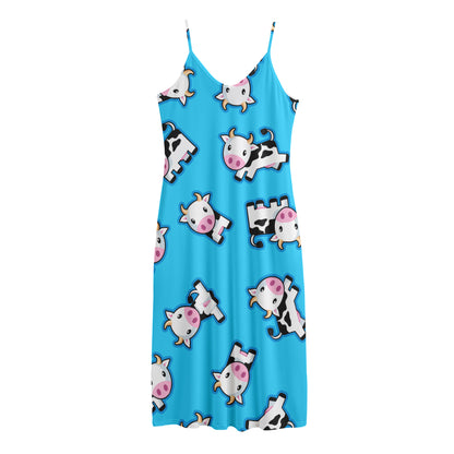 Cute Cartoon Baby Cow Pattern Print Jersey Midi Cami Dress
