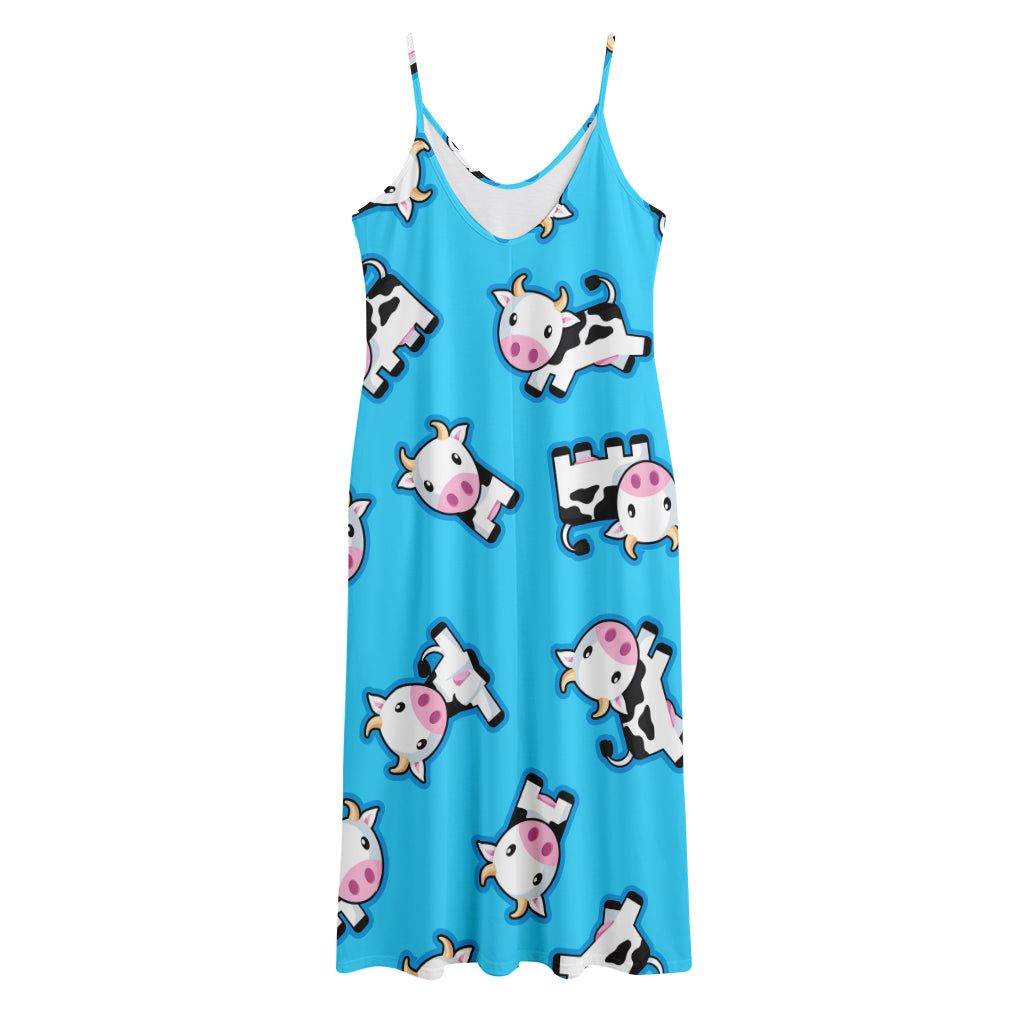 Cute Cartoon Baby Cow Pattern Print Jersey Midi Cami Dress