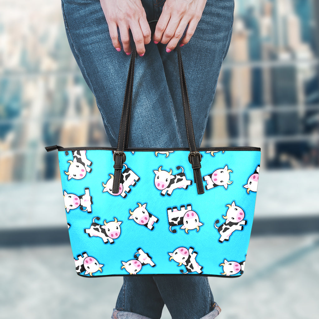 Cute Cartoon Baby Cow Pattern Print Leather Tote Bag