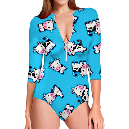 Cute Cartoon Baby Cow Pattern Print Long Sleeve Swimsuit