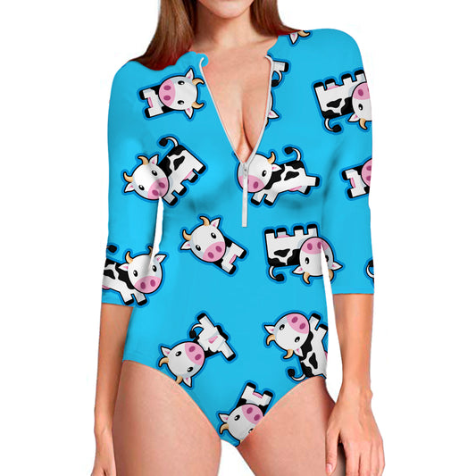 Cute Cartoon Baby Cow Pattern Print Long Sleeve Swimsuit