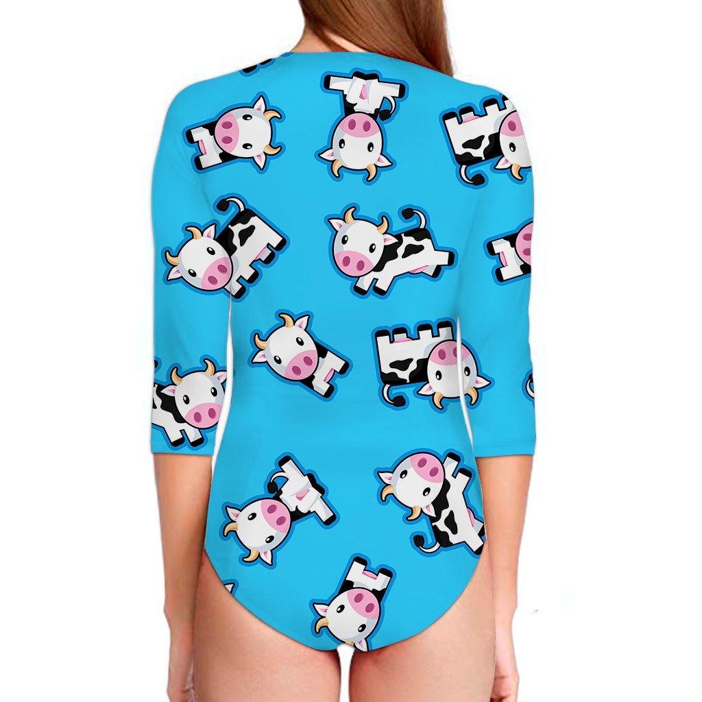 Cute Cartoon Baby Cow Pattern Print Long Sleeve Swimsuit