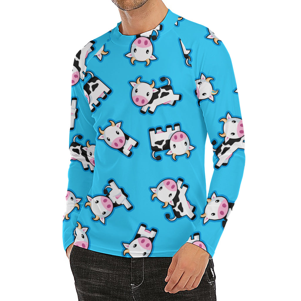 Cute Cartoon Baby Cow Pattern Print Men's Long Sleeve Rash Guard