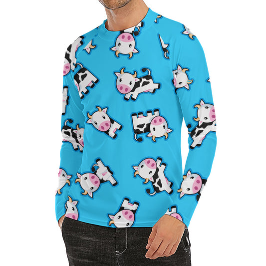 Cute Cartoon Baby Cow Pattern Print Men's Long Sleeve Rash Guard