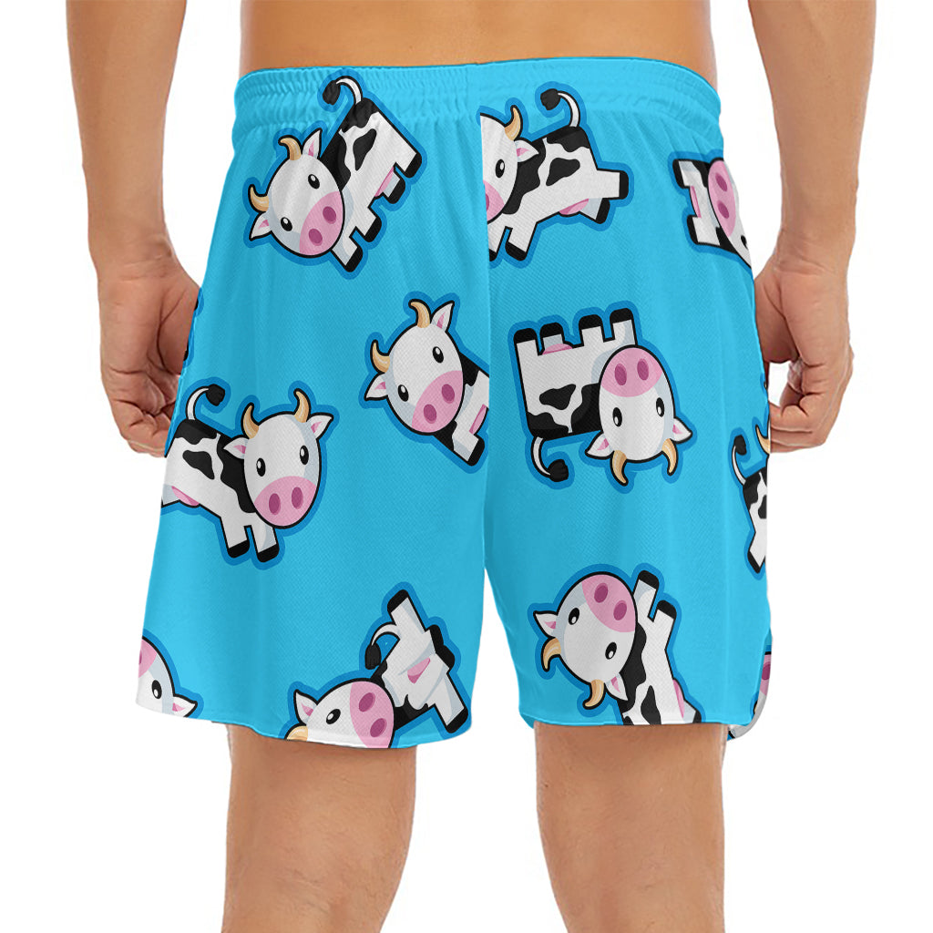 Cute Cartoon Baby Cow Pattern Print Men's Split Running Shorts