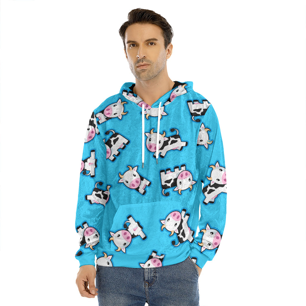 Cute Cartoon Baby Cow Pattern Print Men's Velvet Pullover Hoodie