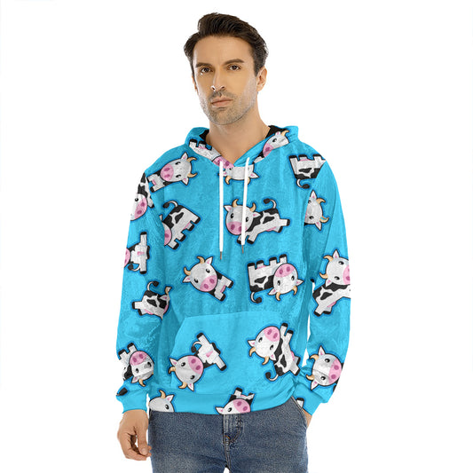 Cute Cartoon Baby Cow Pattern Print Men's Velvet Pullover Hoodie