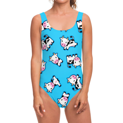 Cute Cartoon Baby Cow Pattern Print One Piece Swimsuit