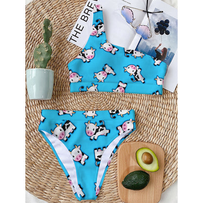 Cute Cartoon Baby Cow Pattern Print One Shoulder Bikini Top