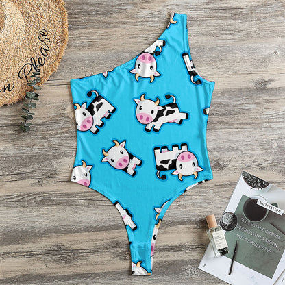 Cute Cartoon Baby Cow Pattern Print One Shoulder Bodysuit