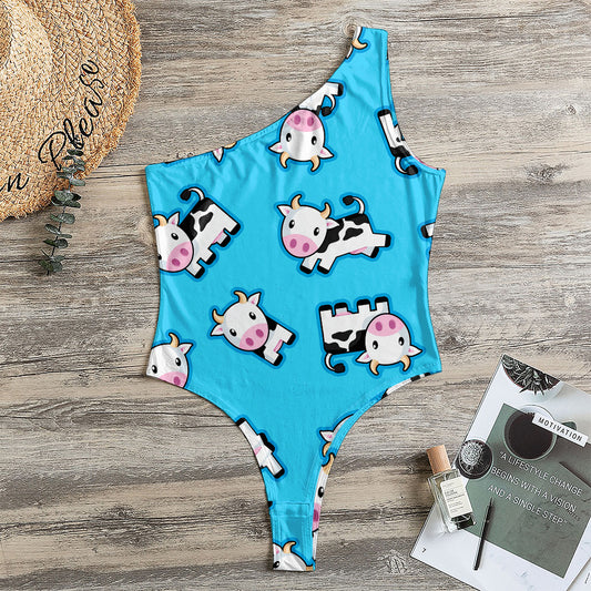 Cute Cartoon Baby Cow Pattern Print One Shoulder Bodysuit