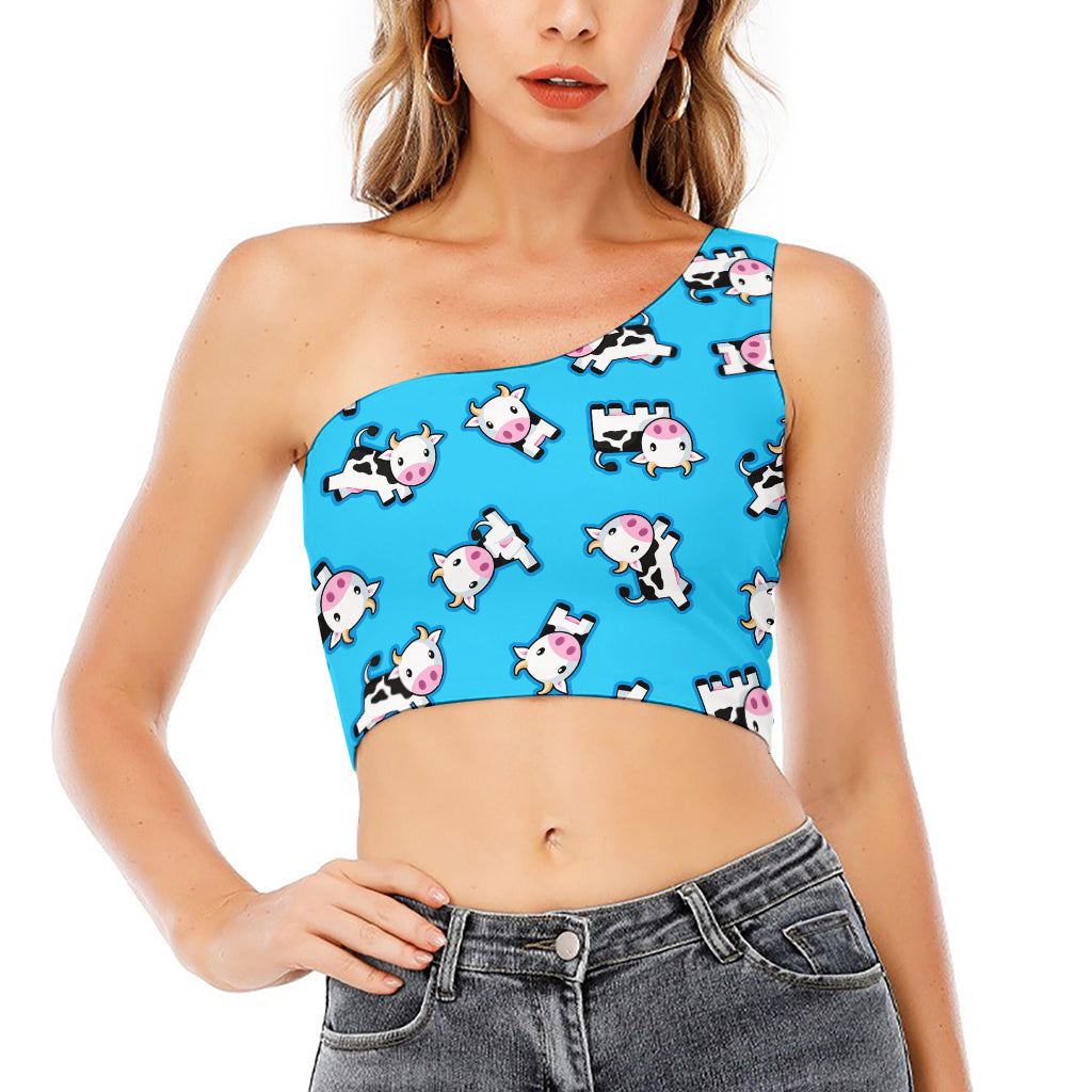 Cute Cartoon Baby Cow Pattern Print One Shoulder Crop Top