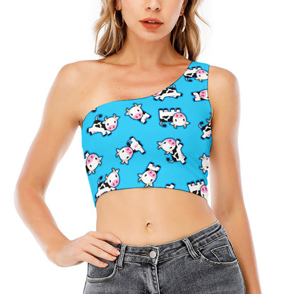 Cute Cartoon Baby Cow Pattern Print One Shoulder Crop Top