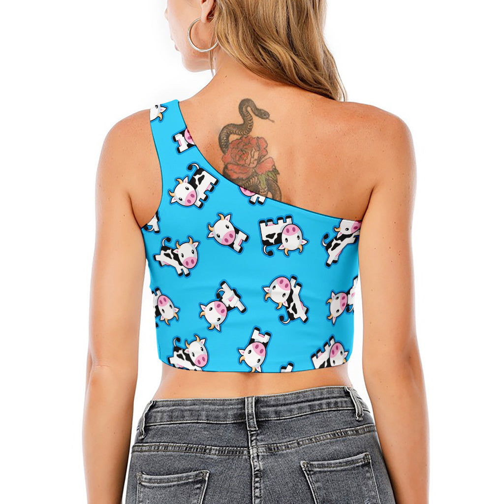 Cute Cartoon Baby Cow Pattern Print One Shoulder Crop Top