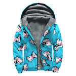 Cute Cartoon Baby Cow Pattern Print Sherpa Lined Zip Up Hoodie