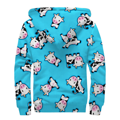 Cute Cartoon Baby Cow Pattern Print Sherpa Lined Zip Up Hoodie