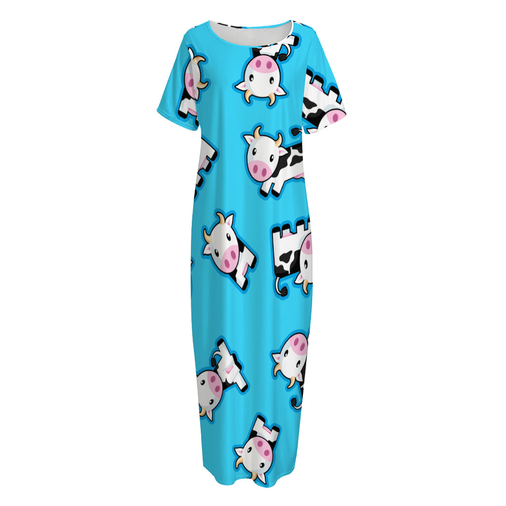 Cute Cartoon Baby Cow Pattern Print Short Sleeve Long Nightdress