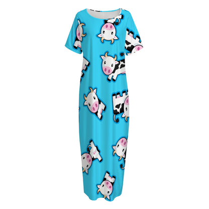 Cute Cartoon Baby Cow Pattern Print Short Sleeve Long Nightdress