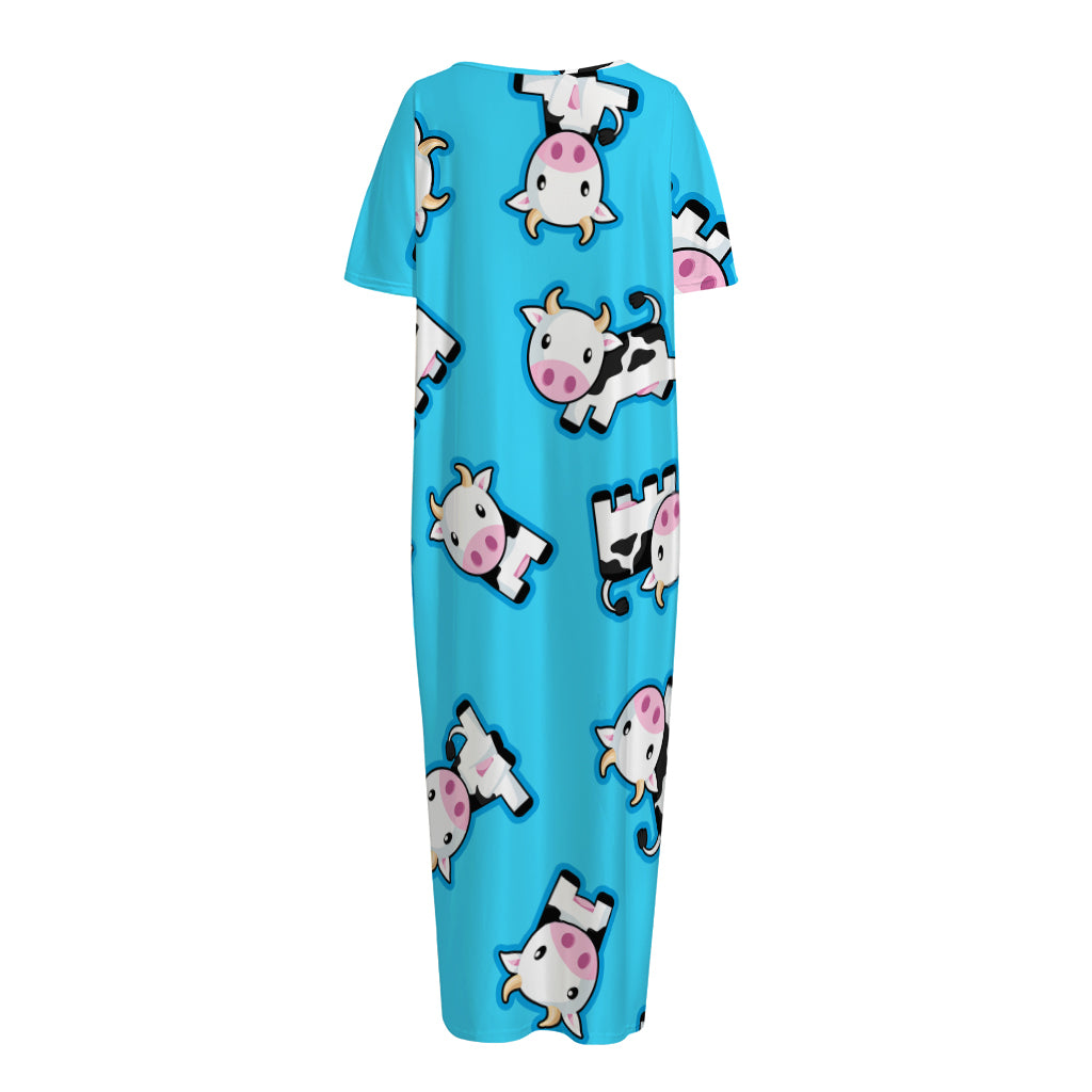 Cute Cartoon Baby Cow Pattern Print Short Sleeve Long Nightdress