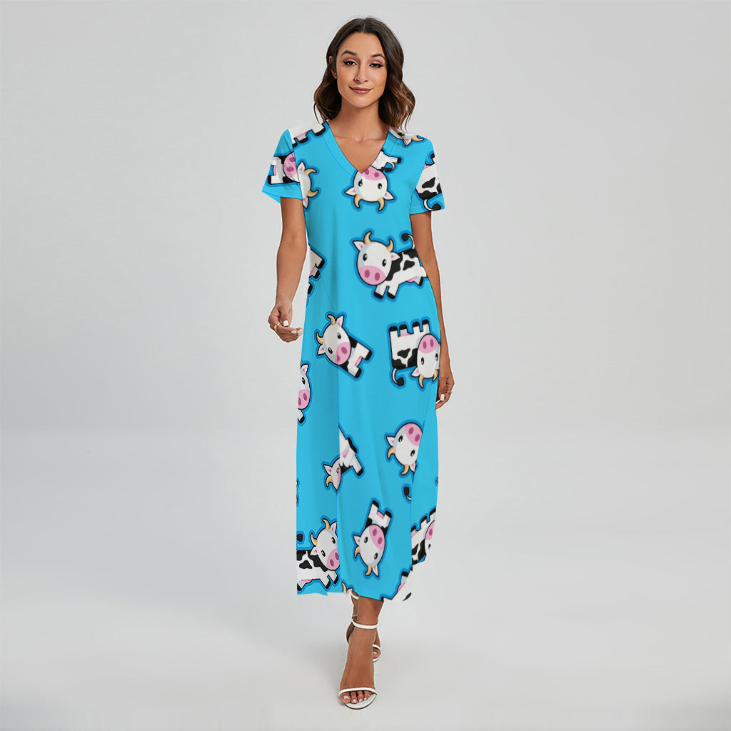 Cute Cartoon Baby Cow Pattern Print Short Sleeve Maxi Dress