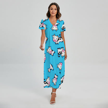 Cute Cartoon Baby Cow Pattern Print Short Sleeve Maxi Dress