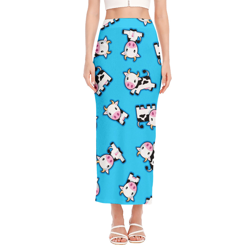 Cute Cartoon Baby Cow Pattern Print Side Slit Maxi Skirt