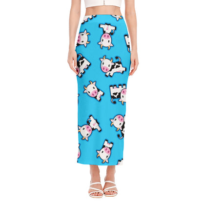 Cute Cartoon Baby Cow Pattern Print Side Slit Maxi Skirt