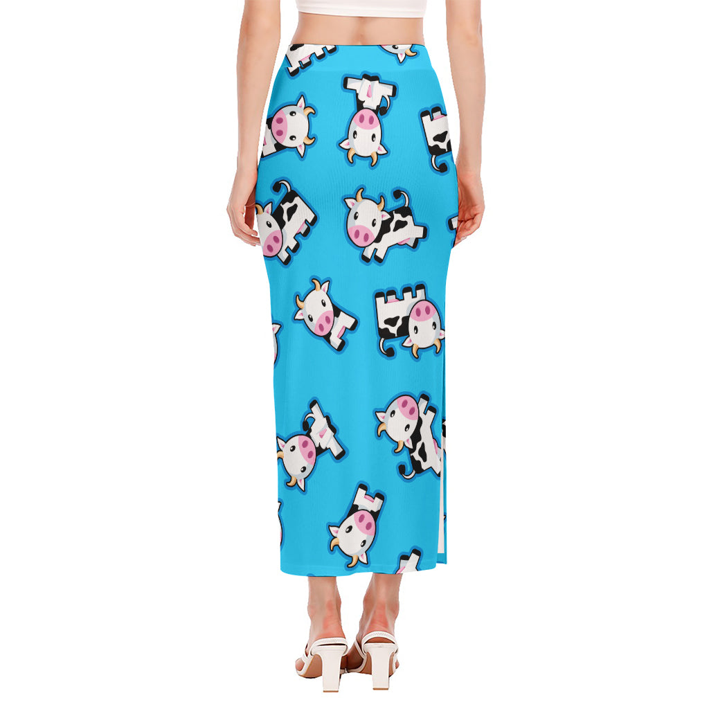 Cute Cartoon Baby Cow Pattern Print Side Slit Maxi Skirt